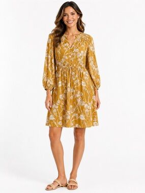 Lush Mustard Floral Long-Sleeve Smocked Waist Dress